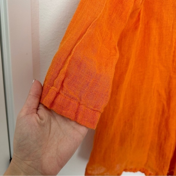 FLAX Woodstock Flowy Linen Blouse Orange V Neck Size Small Women’s 3/4 Sleeves - Picture 6 of 9